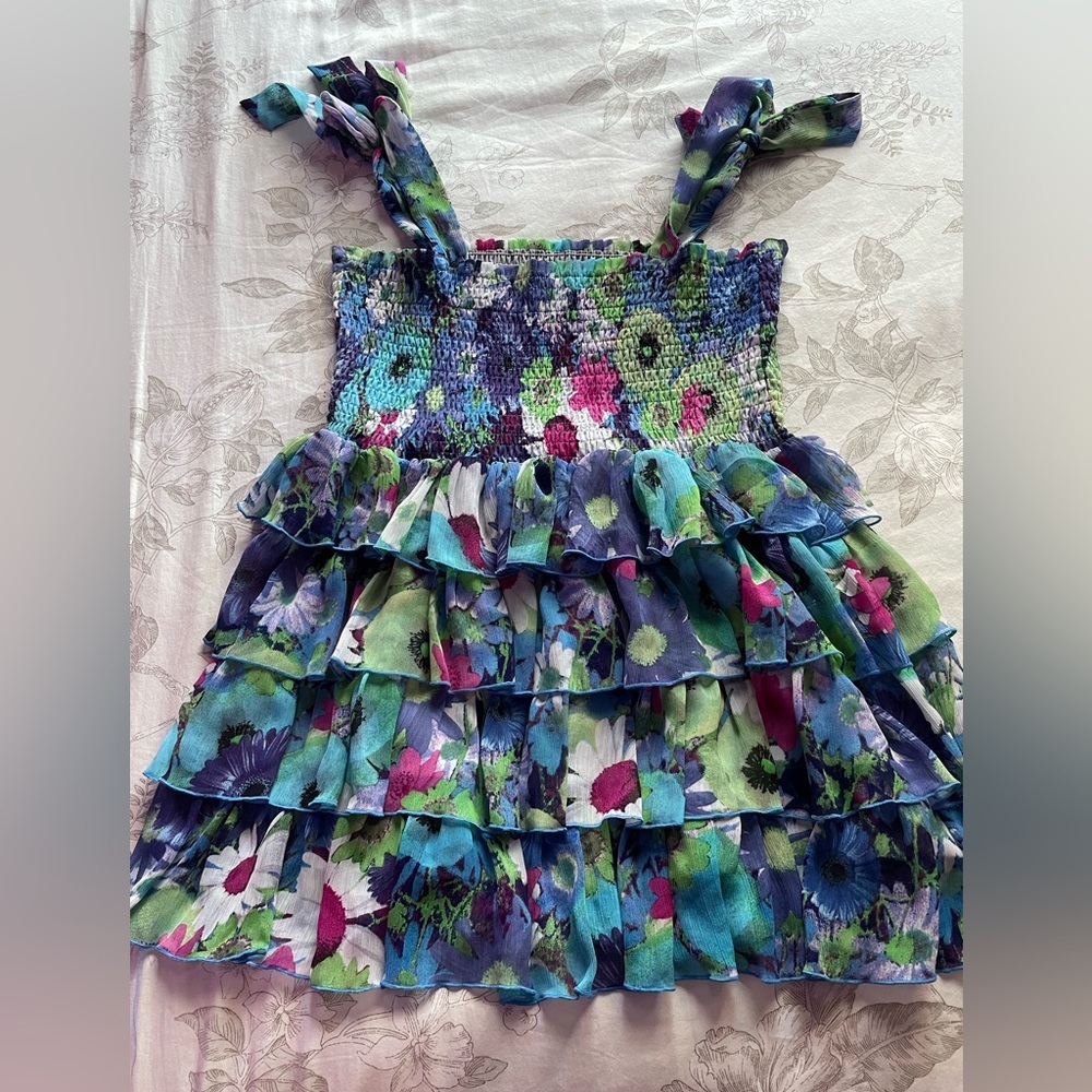 Y2K Watercolor Floral Smocked Ruffle Tiered Babydoll Top Large Whimsical Fairy